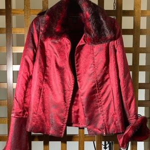 Vivienne Tam Red Satin and Faux Fur Jacket